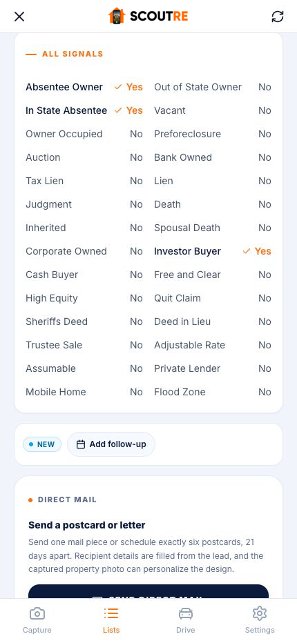 SCOUTRE All Signals card showing pre-foreclosure, inherited, tax lien, lien, absentee-owner and vacancy indicators