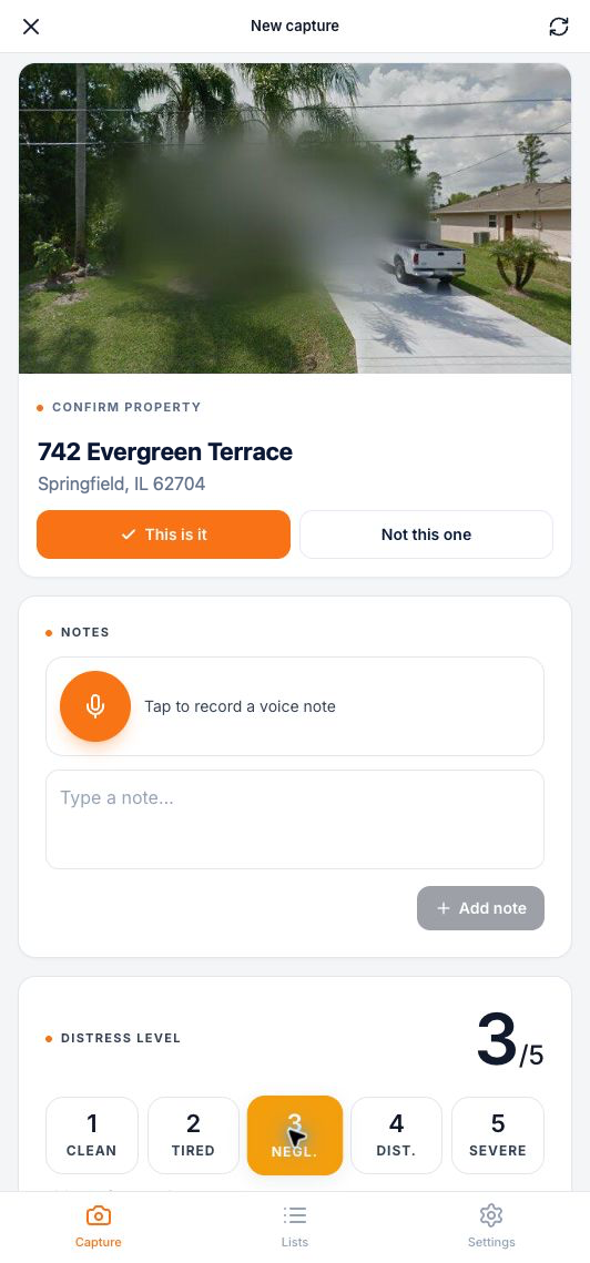 SCOUTRE Confirm Property screen for the example address 742 Evergreen Terrace, offering "This is it" and "Not this one", above a voice note field and a 1-to-5 distress level.