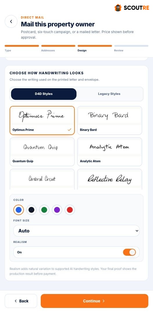 SCOUTRE handwriting and realism controls