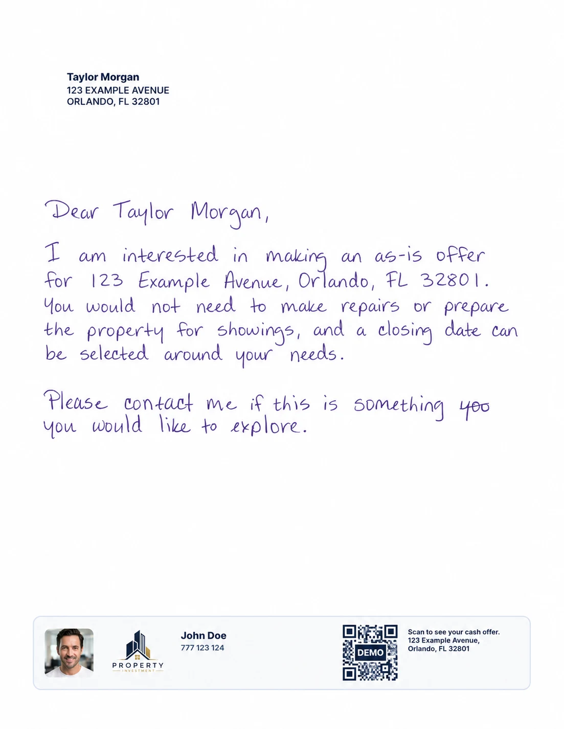 As-is offer letter with synthetic recipient data, investor branding and a non-scannable demo QR