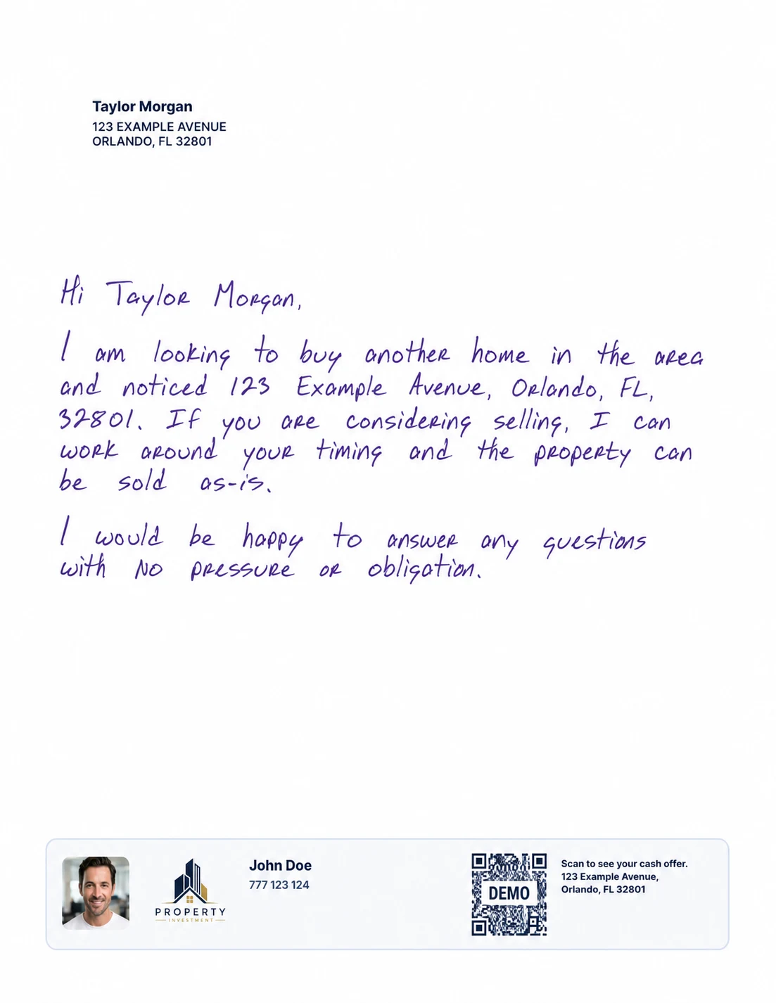 Friendly local buyer letter with synthetic recipient data, investor branding and a non-scannable demo QR