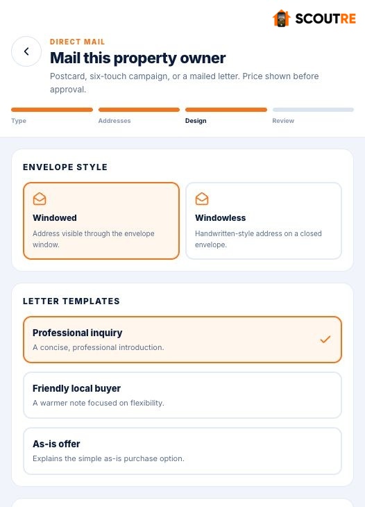 Real SCOUTRE letter designer with windowed and windowless envelopes and three letter templates