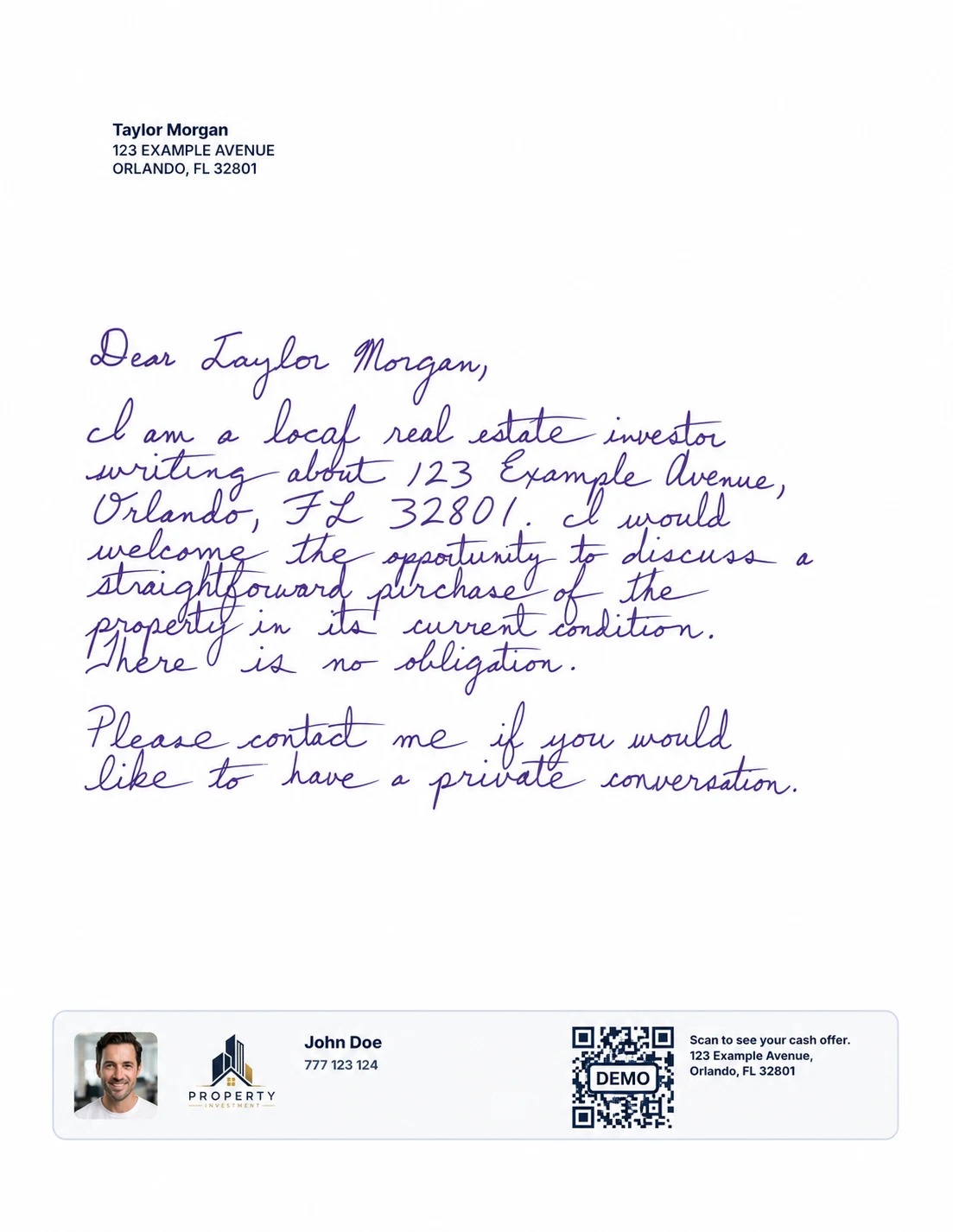 Professional inquiry letter with synthetic recipient data, investor branding and a non-scannable demo QR