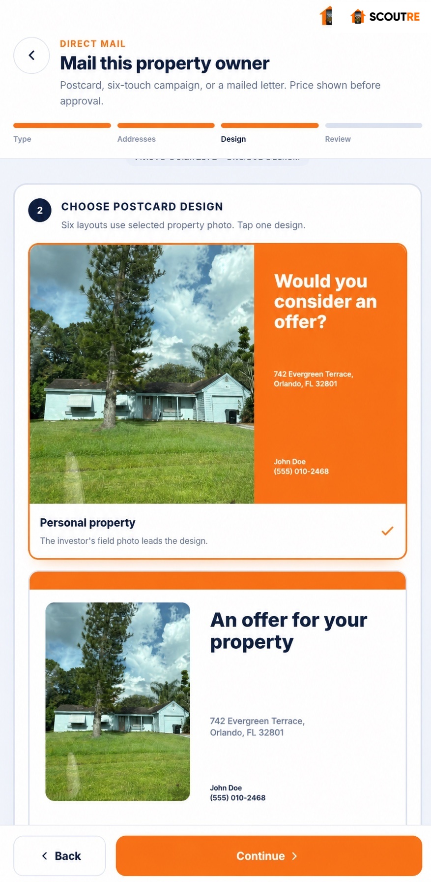 Real SCOUTRE postcard template previews with a captured property photo and synthetic contact details