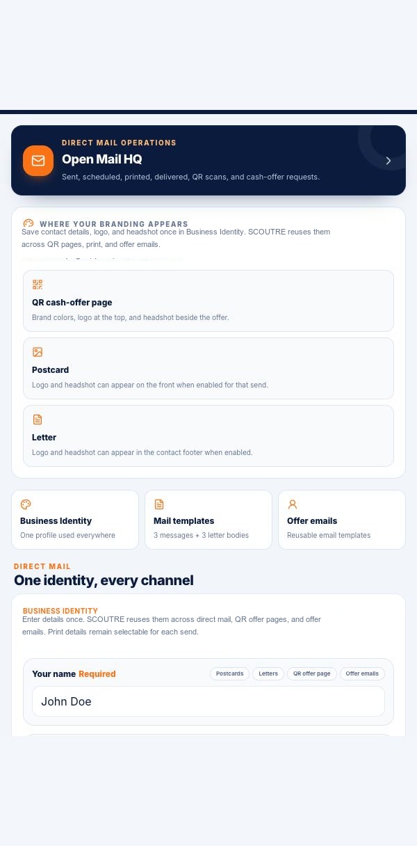SCOUTRE mobile Mail and Outreach settings showing Mail HQ, branding placement and reusable templates with synthetic profile data