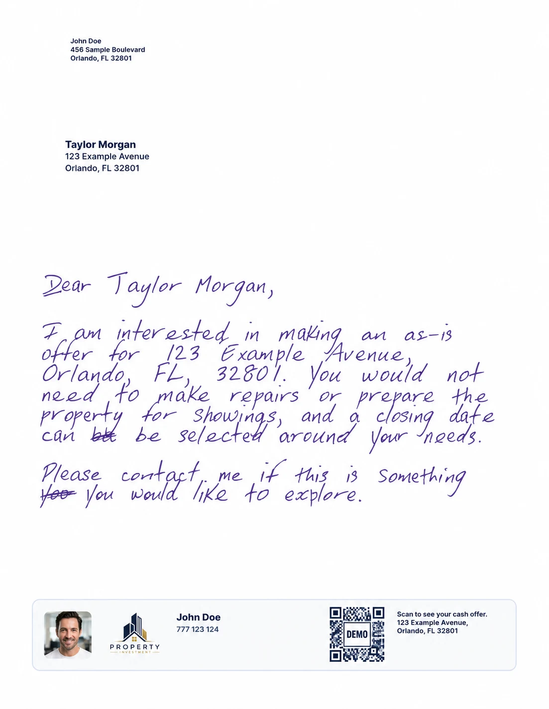 Windowed as-is offer letter with synthetic Taylor Morgan recipient data, investor branding and a non-scannable demo QR