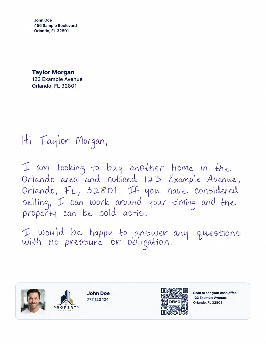 Windowed local buyer letter with synthetic Taylor Morgan recipient data, investor branding and a non-scannable demo QR
