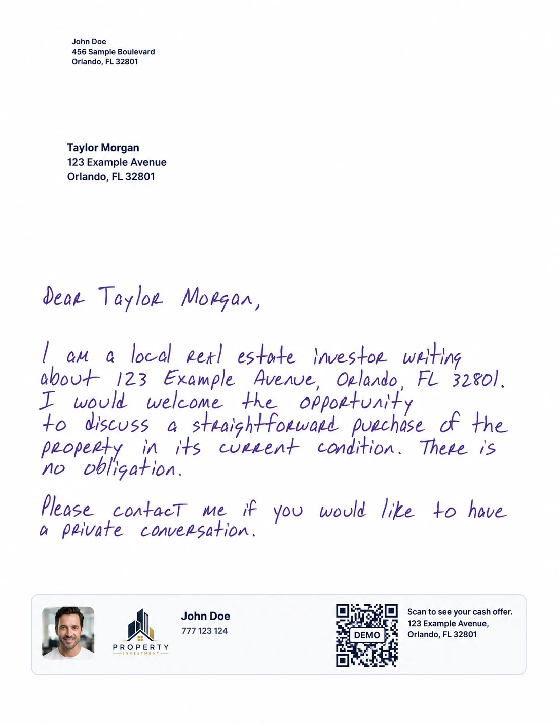 Windowed private conversation letter with synthetic Taylor Morgan recipient data, investor branding and a non-scannable demo QR