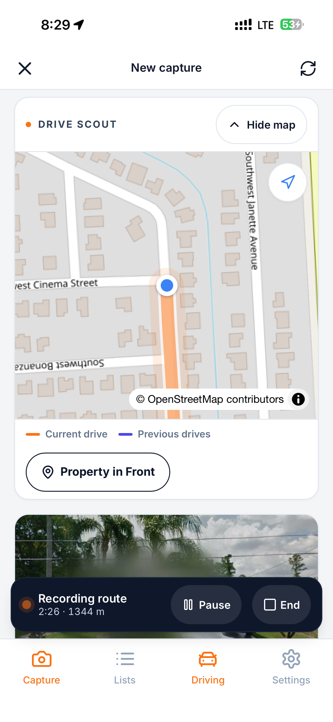 Drive Scout active session showing the current route in orange on the neighborhood map