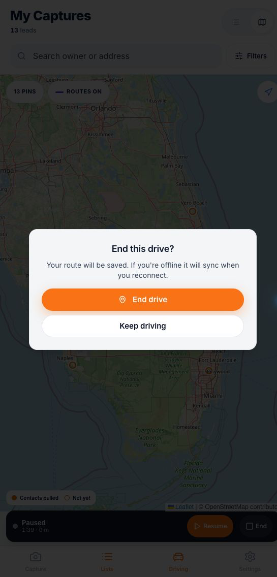 Drive Scout confirmation explaining that the route will be saved and can sync after reconnecting