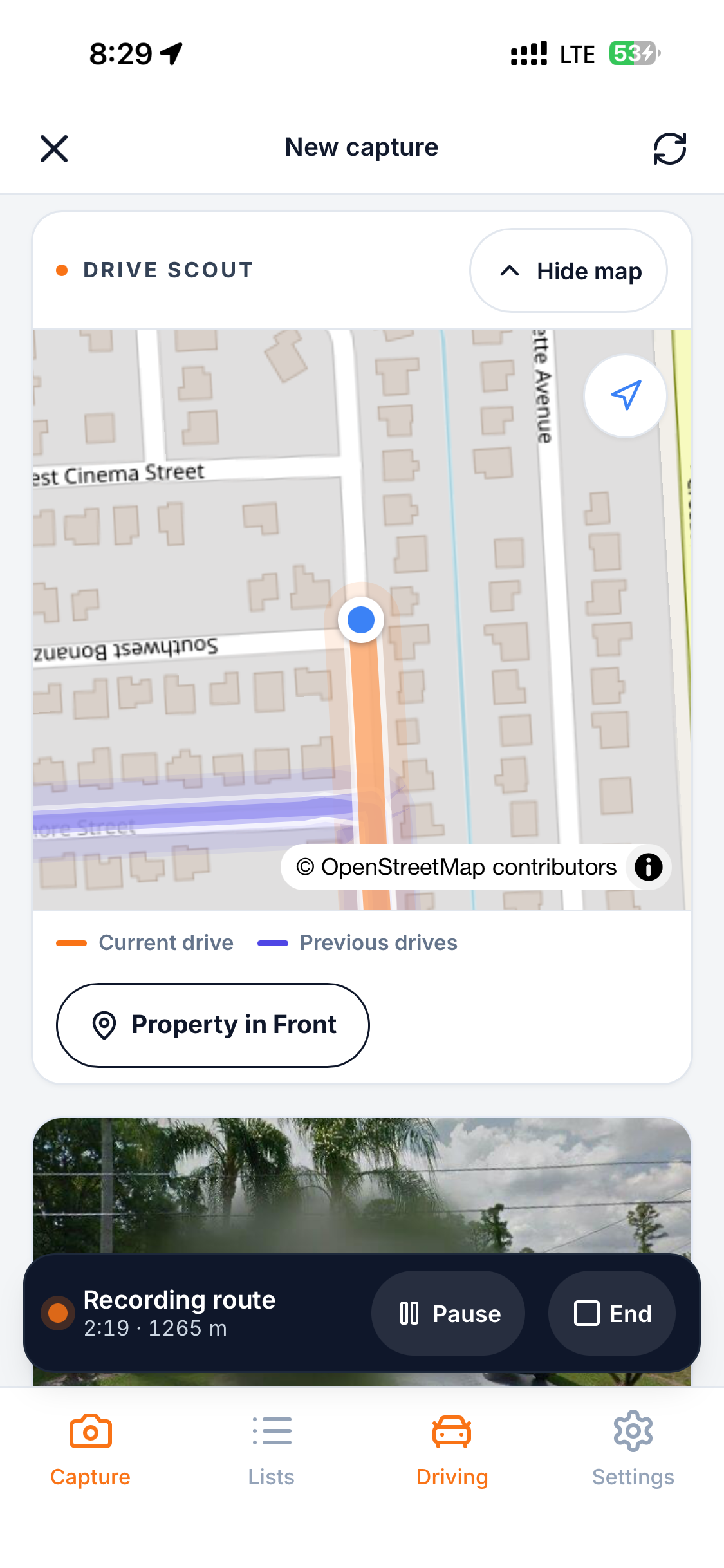 Drive Scout map showing the current orange route continuing on a different street from previous red coverage