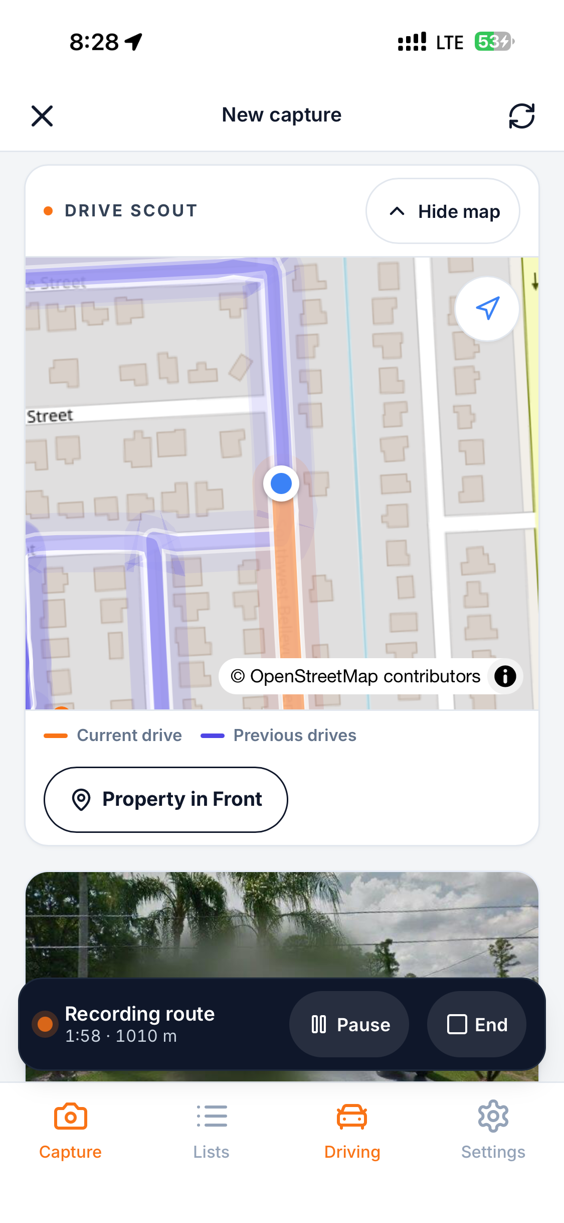 Drive Scout map showing the current orange route overlapping a previously driven red street