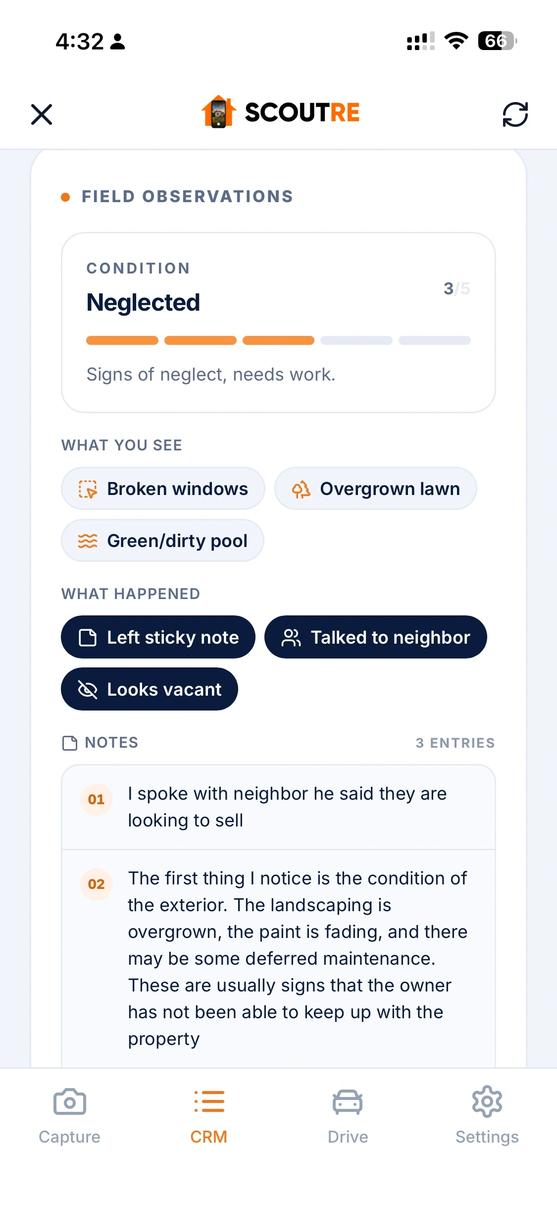 SCOUTRE mobile field record showing distress level, property observations, visit outcomes and saved notes