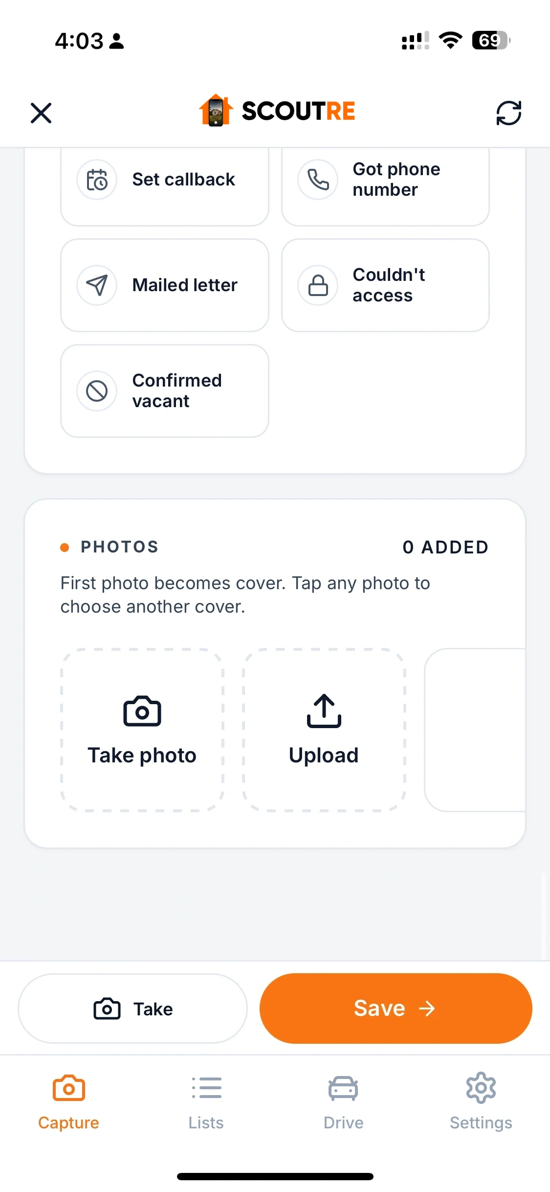 SCOUTRE mobile capture screen showing property photo capture and upload actions