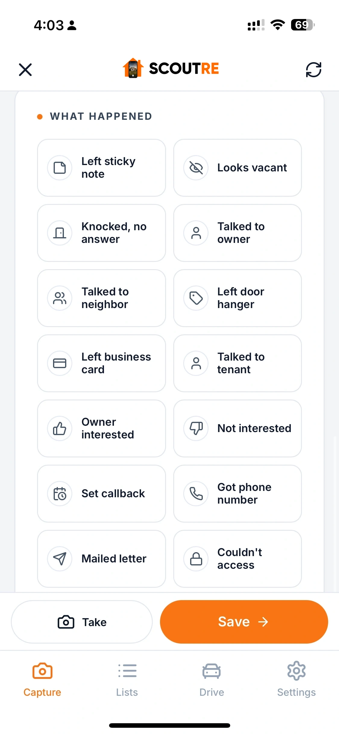 SCOUTRE mobile capture screen showing What Happened visit-outcome tags