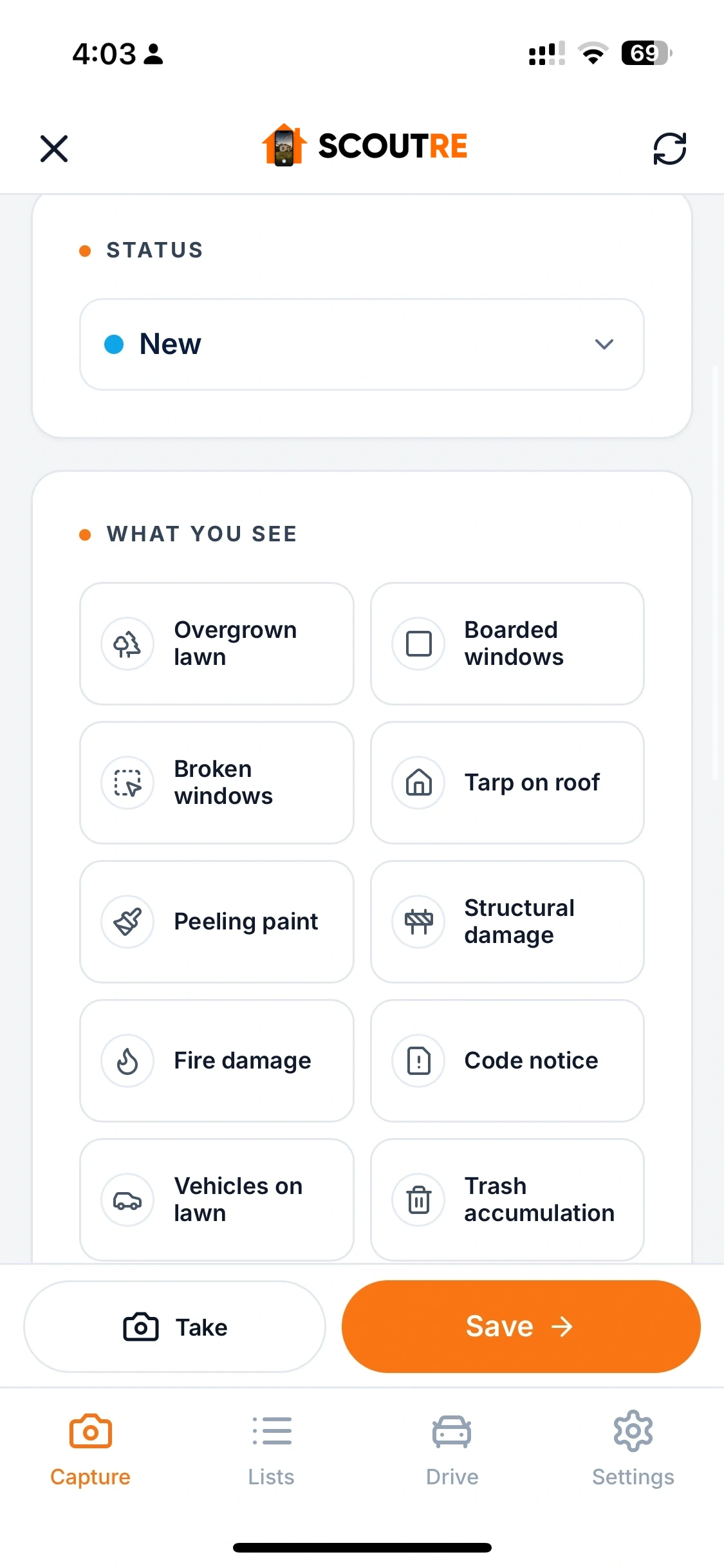 SCOUTRE mobile capture screen showing What You See property-condition tags