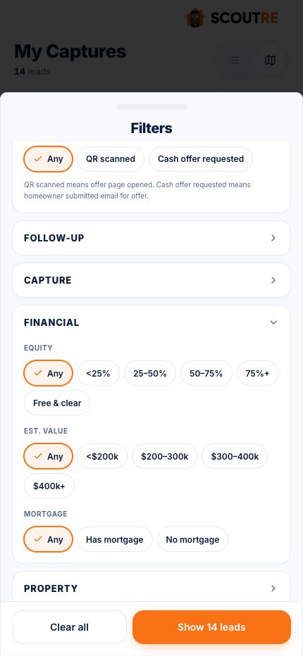SCOUTRE mobile Financial filters for equity, free and clear, value and mortgage