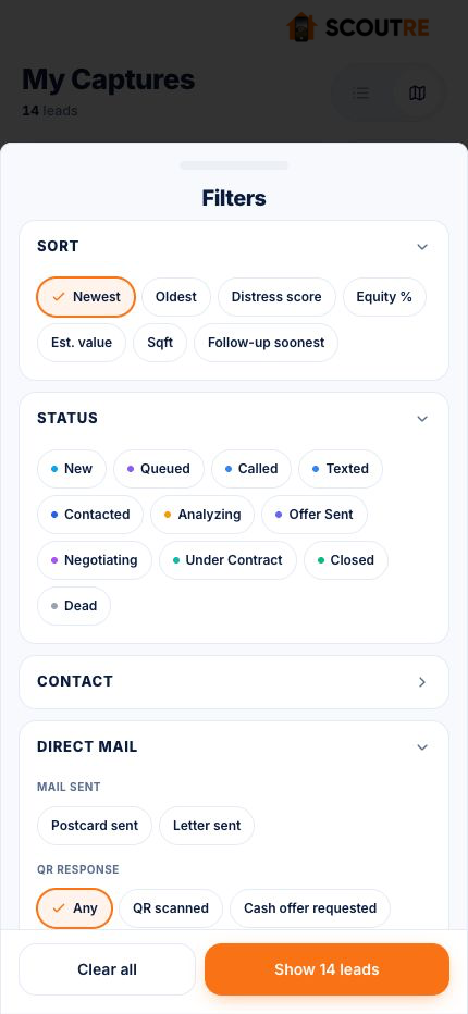 SCOUTRE mobile filter drawer with sort, 11 statuses, contact and direct-mail QR response filters
