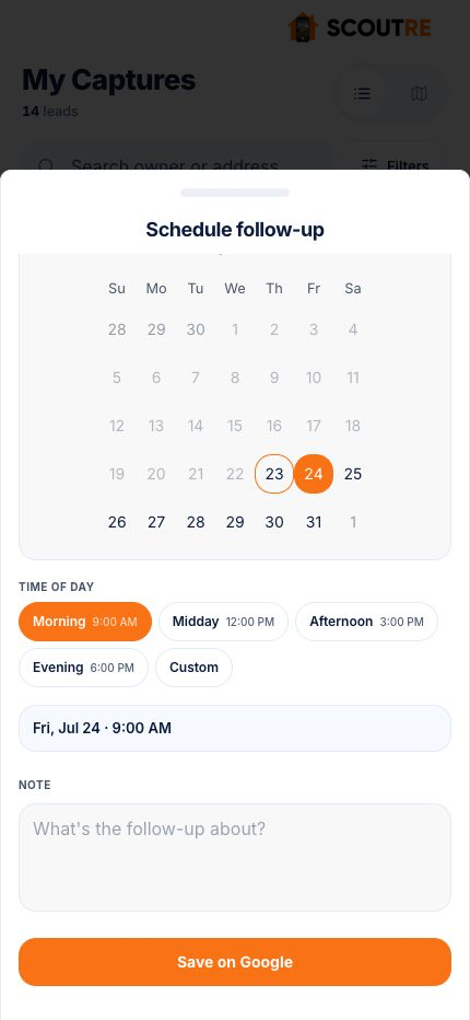 SCOUTRE mobile Schedule follow-up drawer with calendar, time choices, note and Save on Google