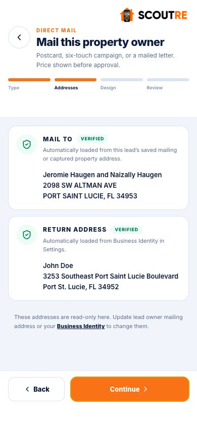 Real SCOUTRE address verification screen with mail-to and return addresses