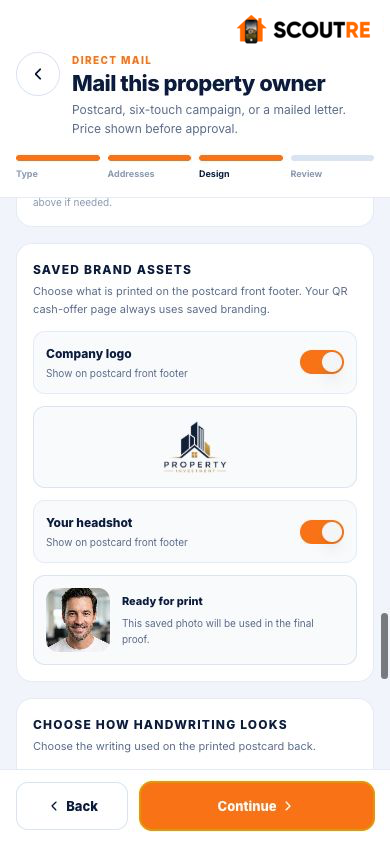 Real SCOUTRE postcard branding controls for saved logo and headshot