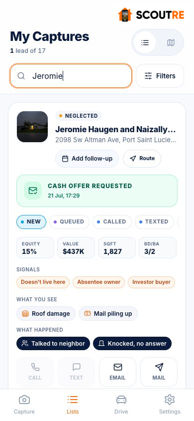 Real SCOUTRE lead card showing Cash offer requested status