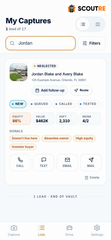 Real SCOUTRE lead card using synthetic owner and address data, with property signals and Mail action