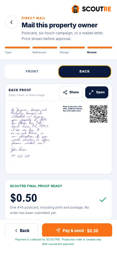 Real final SCOUTRE postcard back proof with unique QR code