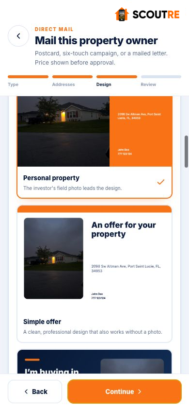 Real SCOUTRE postcard template gallery showing Personal property and Simple offer layouts
