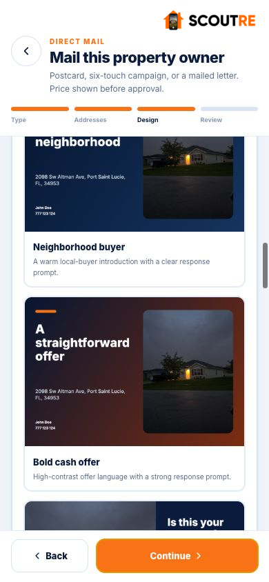 Real SCOUTRE postcard template gallery showing Neighborhood buyer and Bold cash offer layouts