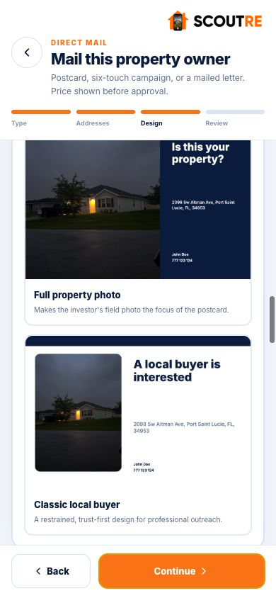Real SCOUTRE postcard template gallery showing Full property photo and Classic local buyer layouts