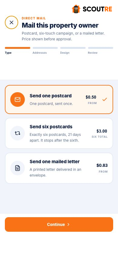 Real SCOUTRE mail format screen with current postcard, campaign, and letter prices