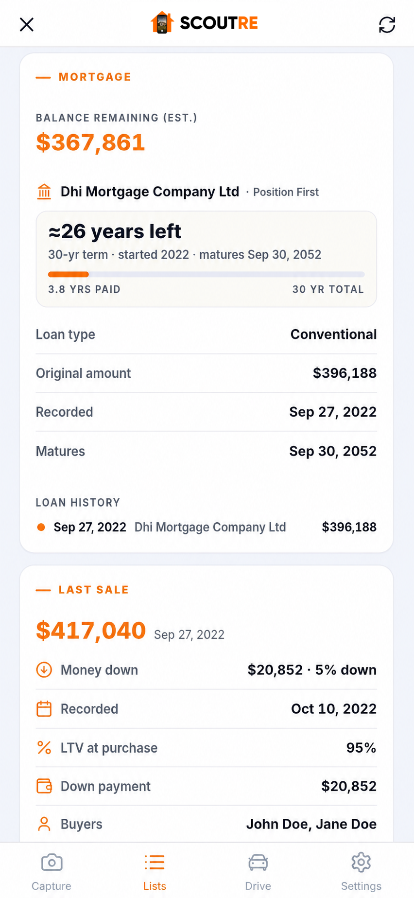 SCOUTRE mortgage balance, lender, position, term, years left and Last Sale data
