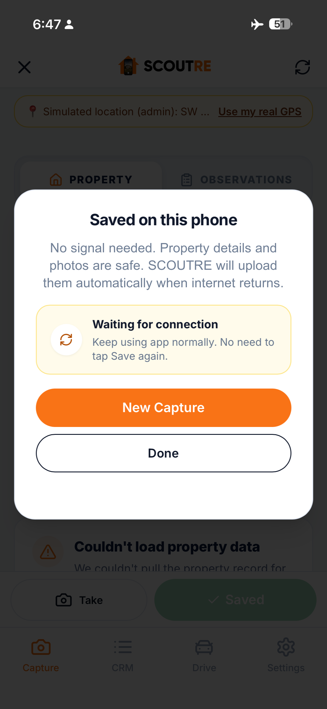 SCOUTRE mobile app confirming a property was saved on the phone and will upload automatically when internet returns