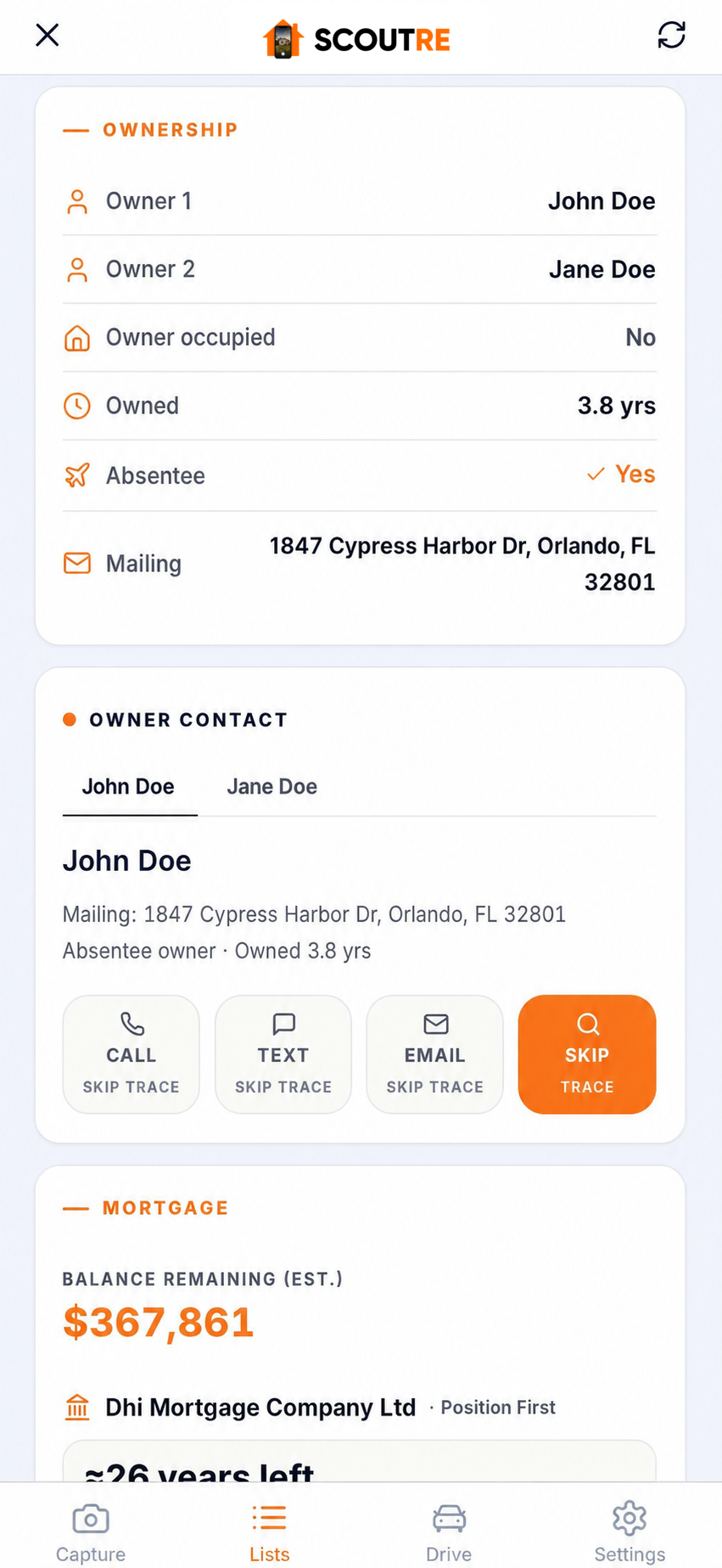 SCOUTRE Ownership and Owner Contact cards with synthetic names and mailing address
