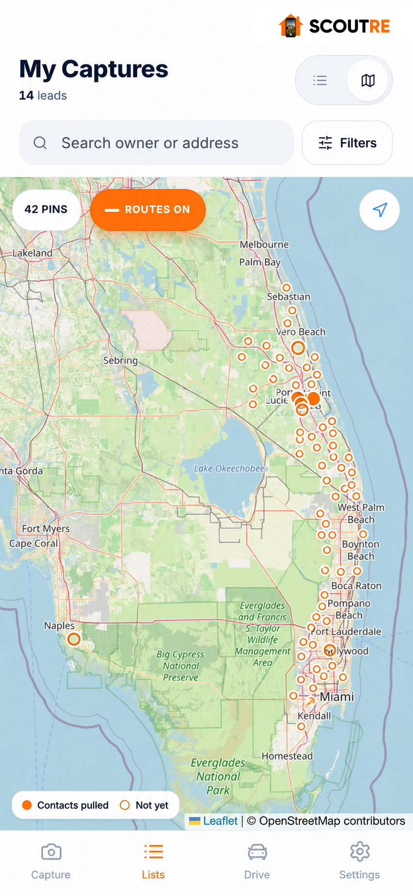 SCOUTRE mobile lead map with 42 synthetic property pins, routes on and contact-status legend
