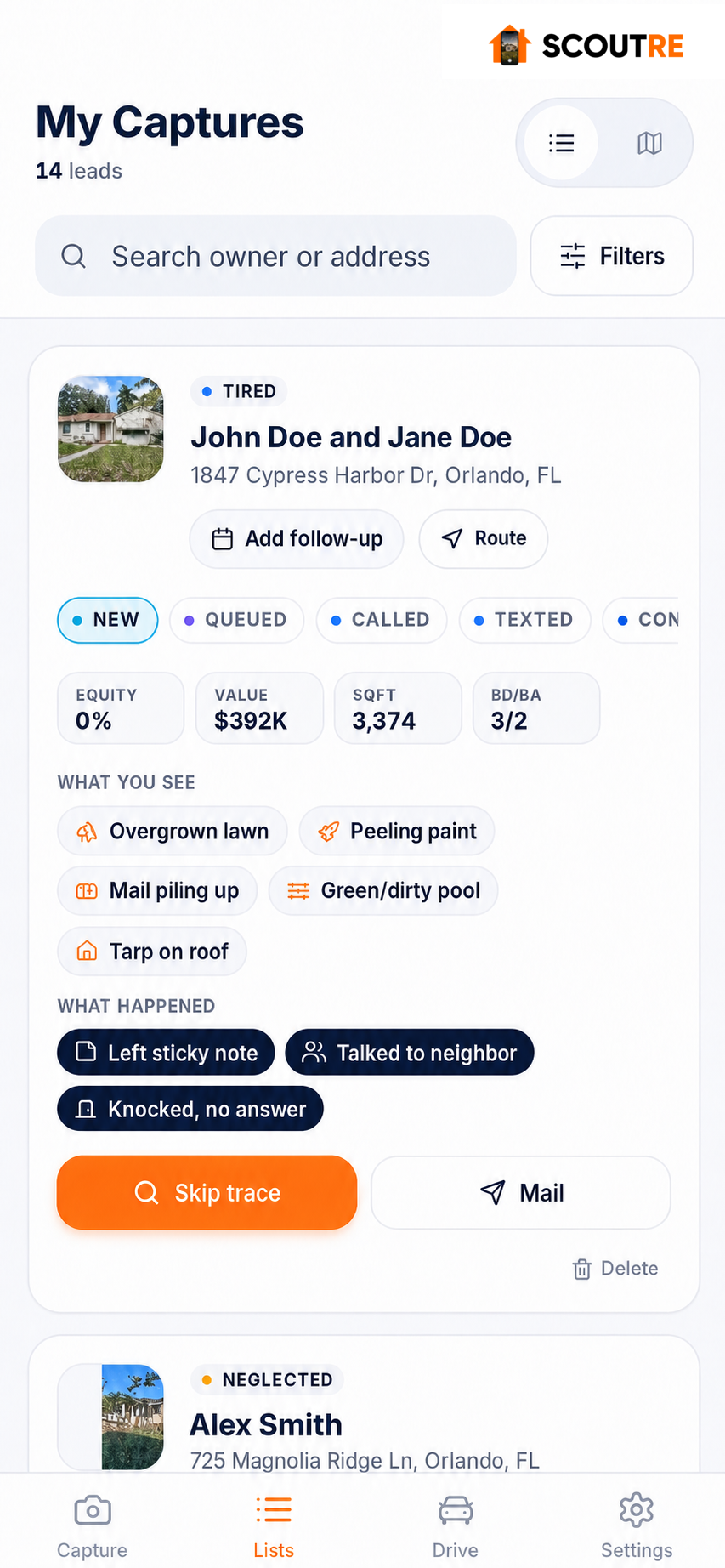 SCOUTRE My Captures mobile pipeline with synthetic owner data, status stages, property metrics, observations and outreach actions