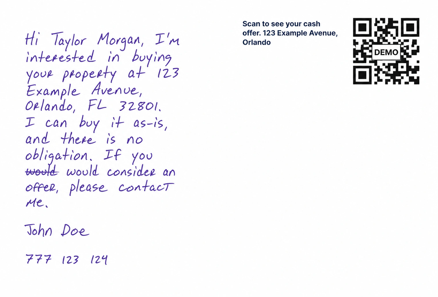 Consider an offer postcard back with a handwritten no-obligation message and a non-scannable demo QR graphic
