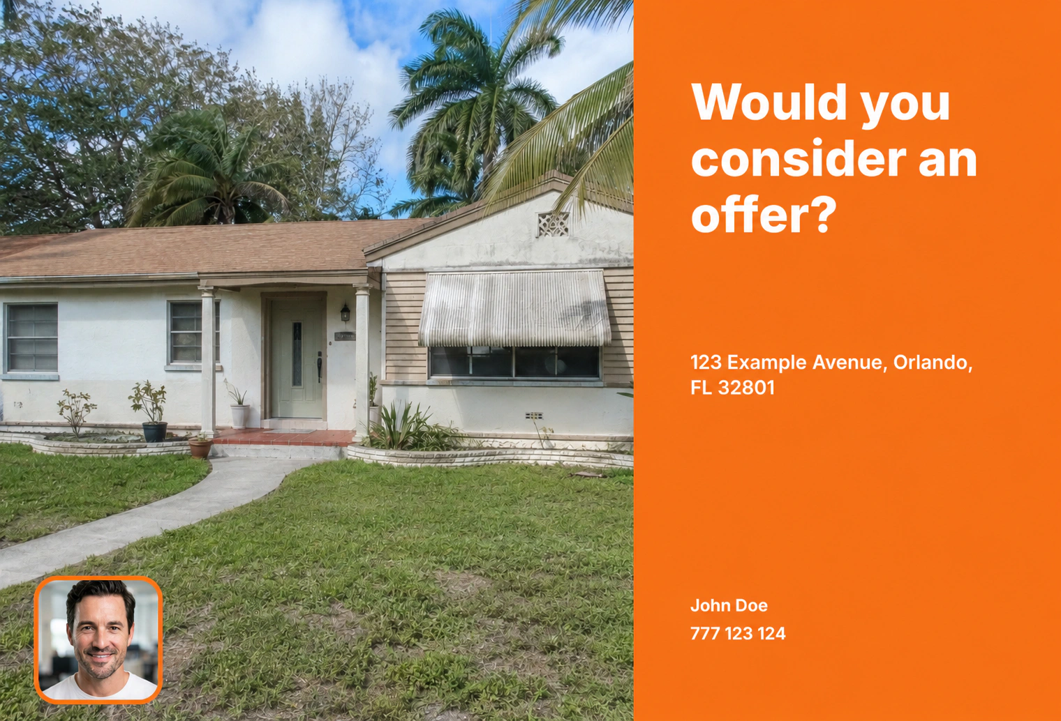 Consider an offer postcard front with a captured property photo, investor headshot and synthetic address