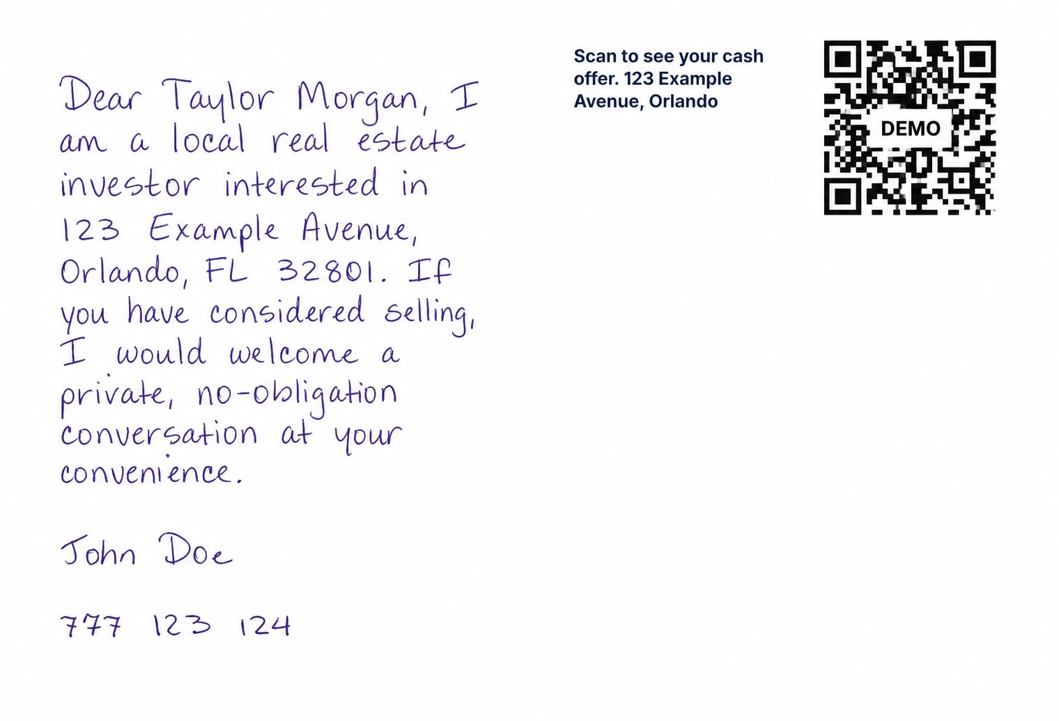 Local buyer postcard back with a purple handwritten message and a non-scannable demo cash-offer QR graphic
