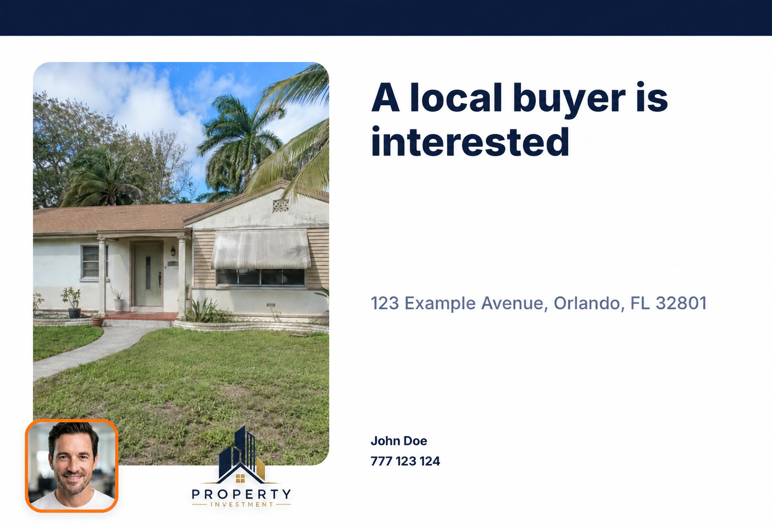 Local buyer postcard front with a captured property photo, investor identity and synthetic property address