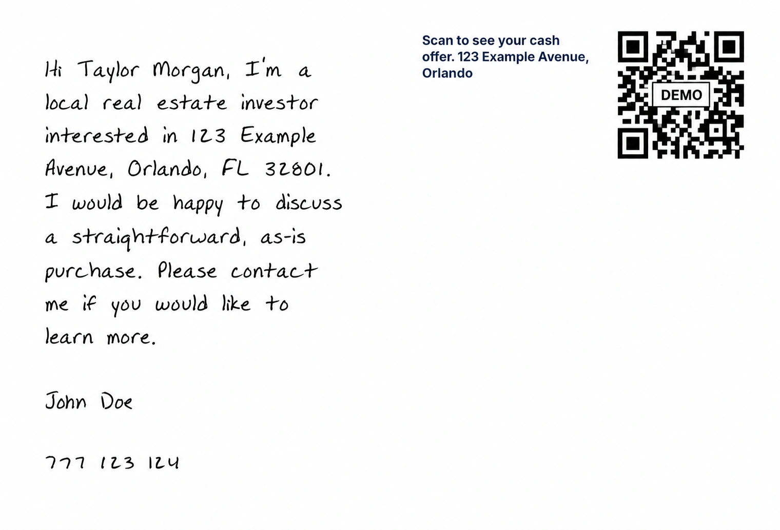 Direct offer postcard back with an editable handwritten message and a demo cash-offer QR graphic