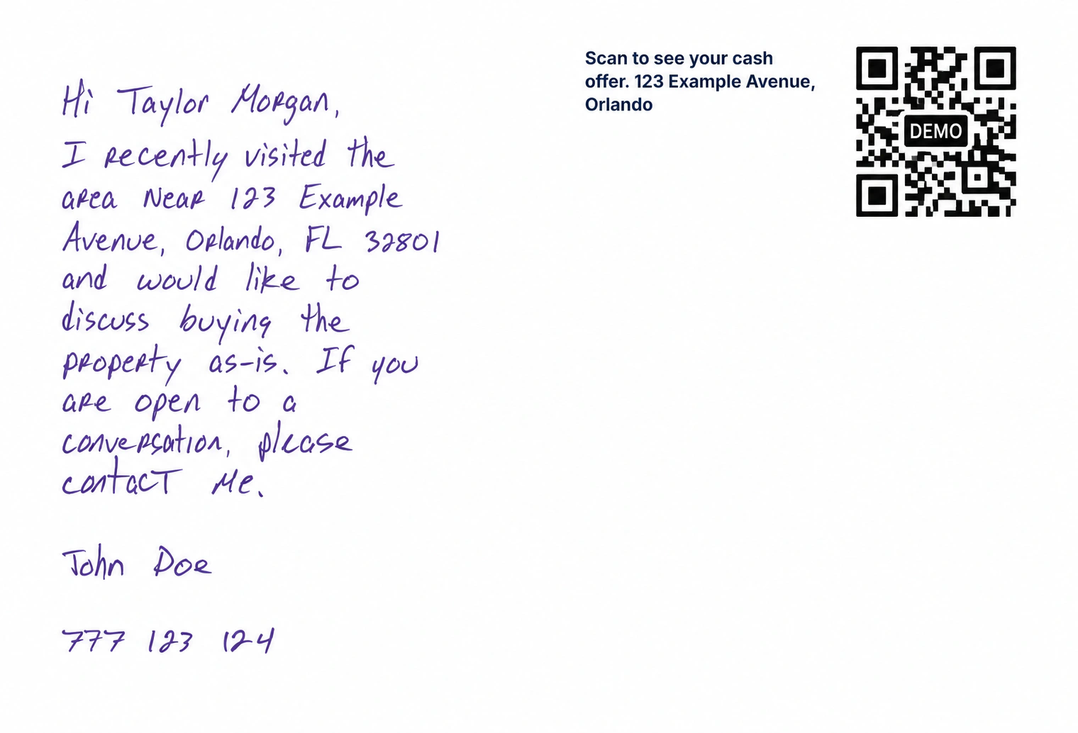 Property question postcard back with a handwritten as-is buyer message and a non-scannable demo QR graphic
