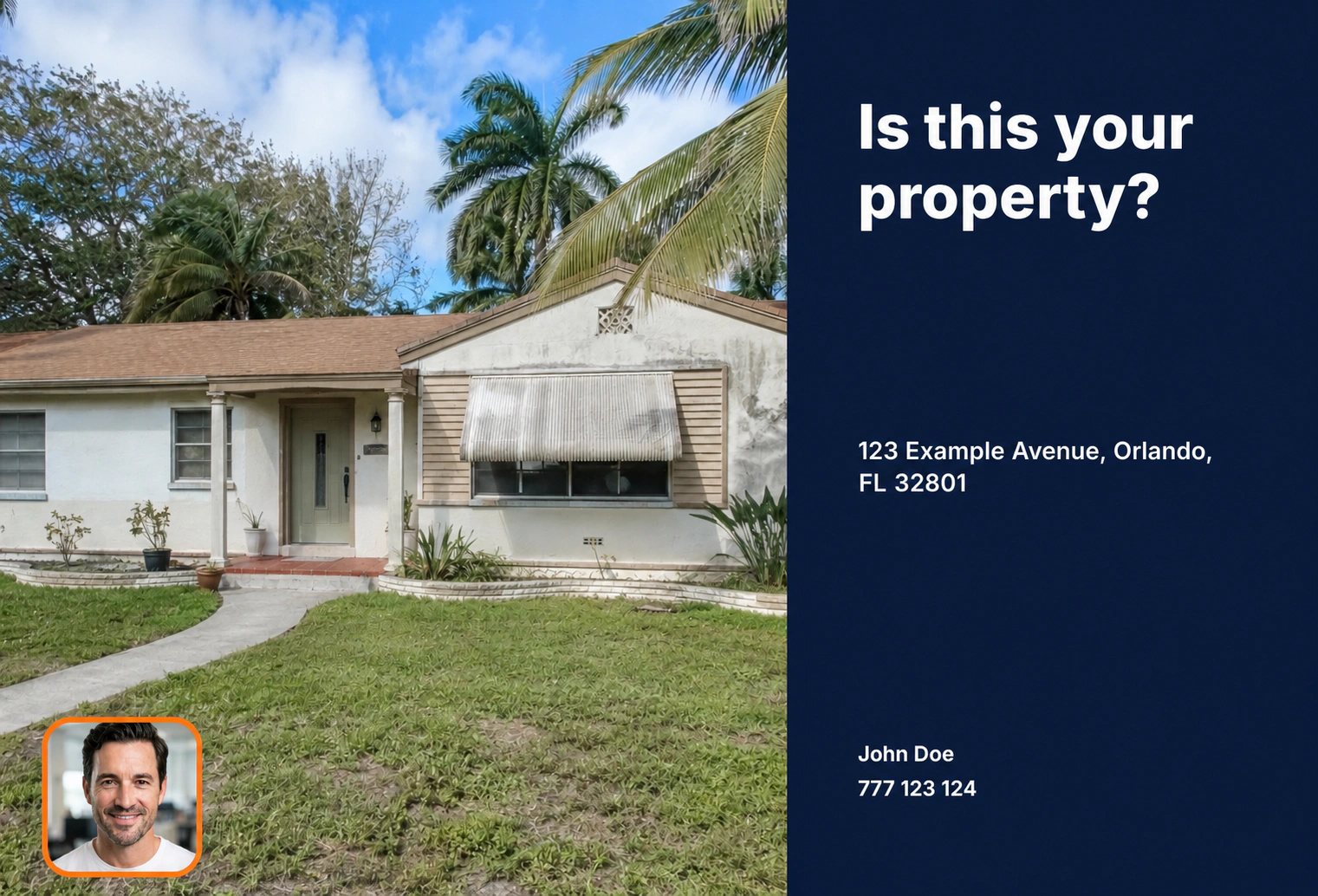 Property question postcard front with a large captured house photo and synthetic address