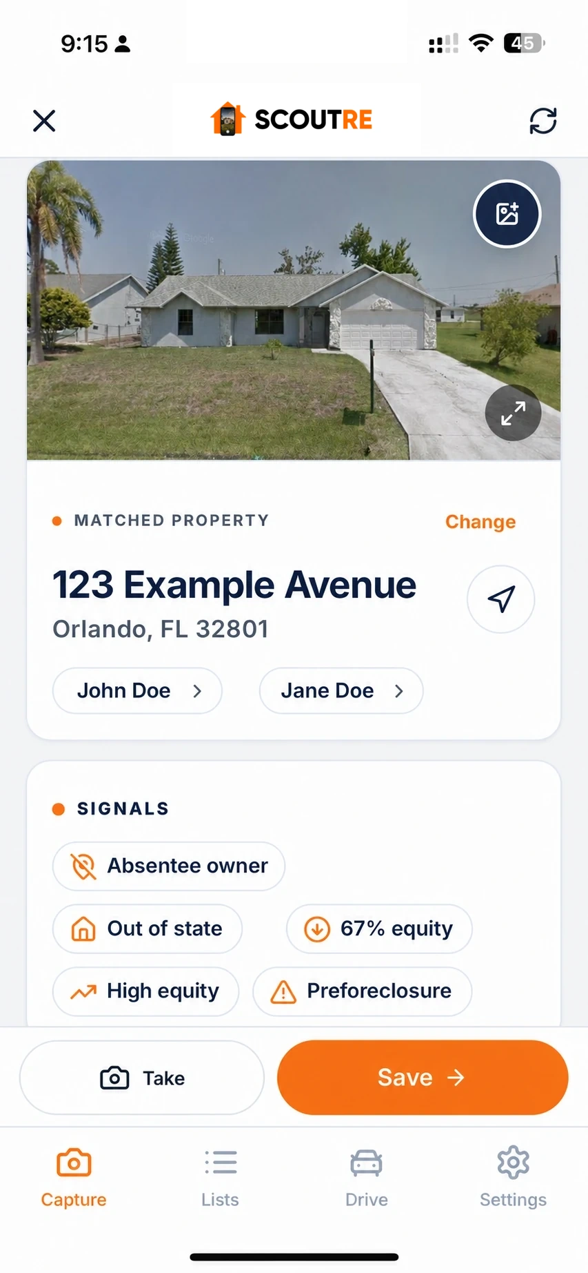 Example SCOUTRE property record: the matched address, two owner names, and the signals found on that property — absentee owner, out of state, 67% equity, high equity and preforeclosure.