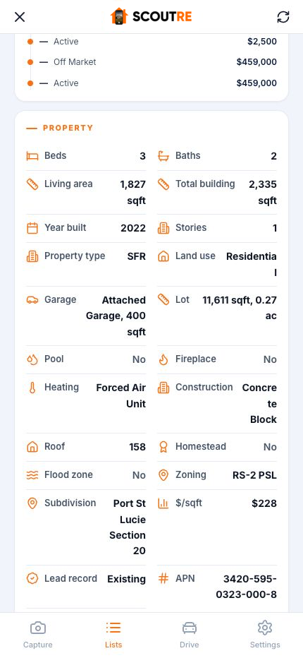 SCOUTRE Property card with building, lot and parcel facts