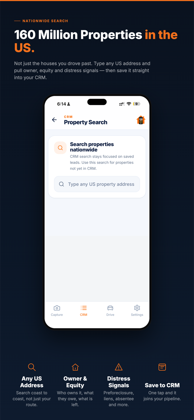 SCOUTRE Nationwide Property Search: type any US address to open a property that is not yet in your CRM, across 160 million US properties.