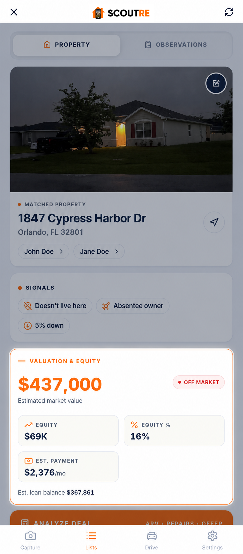 SCOUTRE mobile Property tab showing signals, estimated value, equity, payment and mortgage balance