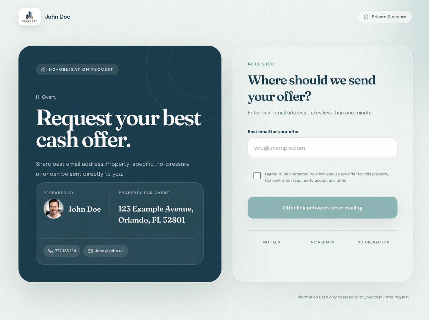 Personalized SCOUTRE cash-offer request page with investor logo, headshot, contact details, homeowner and synthetic property address