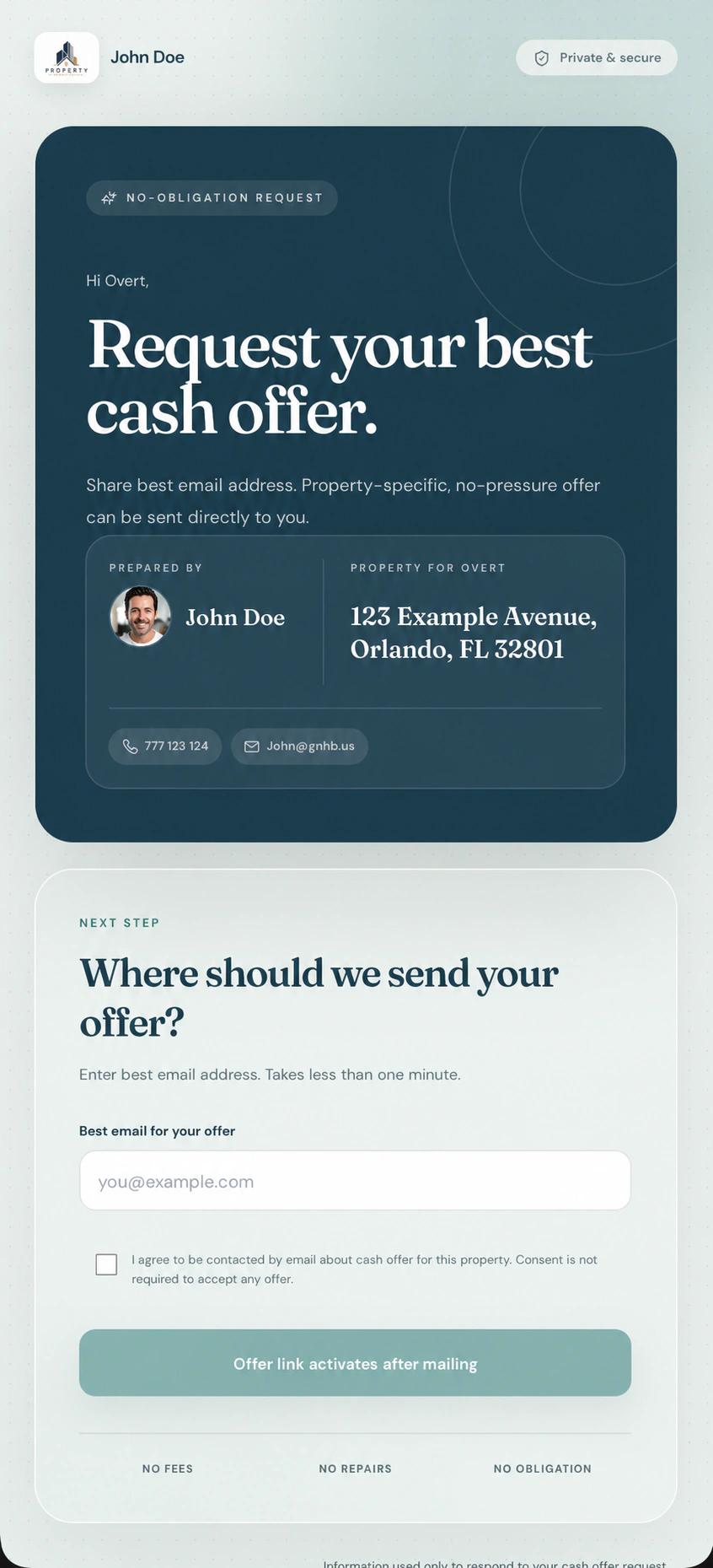 Personalized SCOUTRE cash-offer page opened from mail QR code on mobile